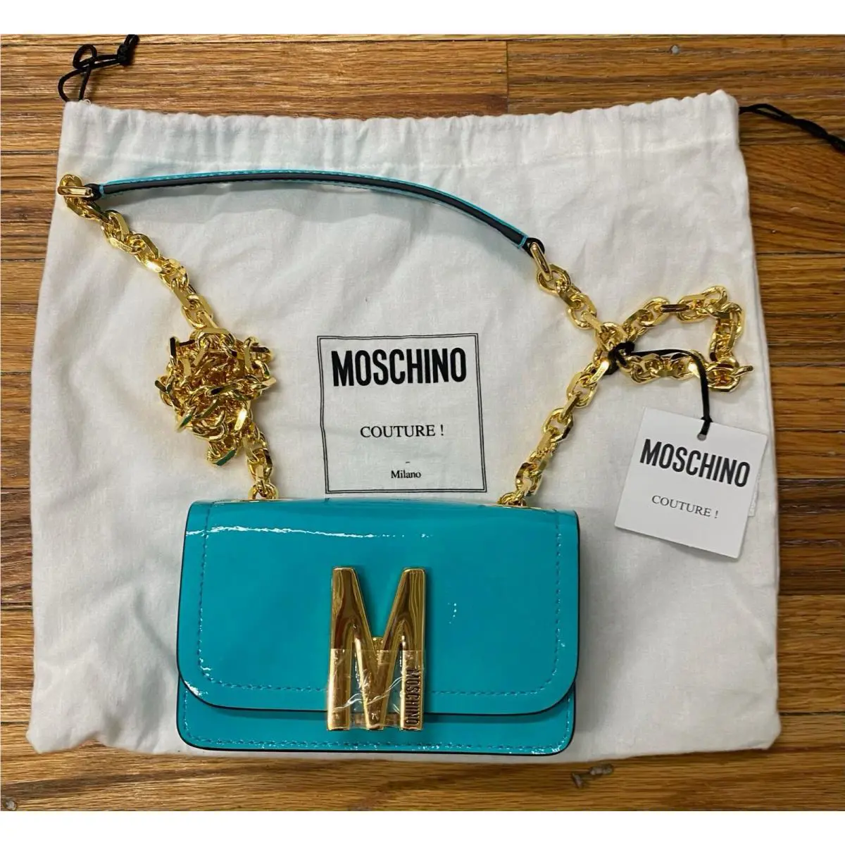 AW22 Moschino Couture Jeremy Scott M Turquoise Metallic Patent Leather Bag