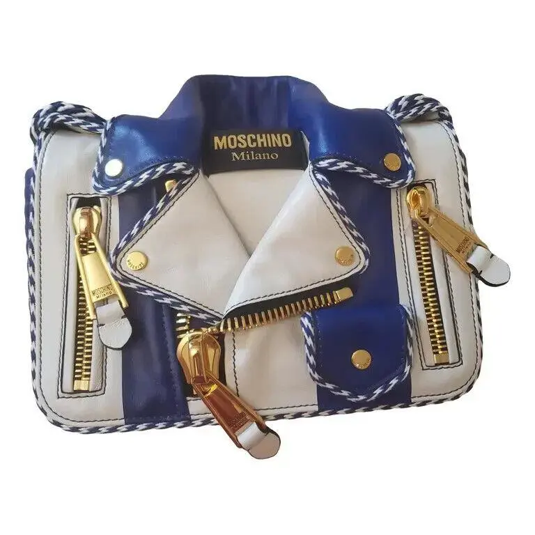 SS23 Moschino Couture Jeremy Scott White Blue Capsule Biker Jacket Shoulder Bag