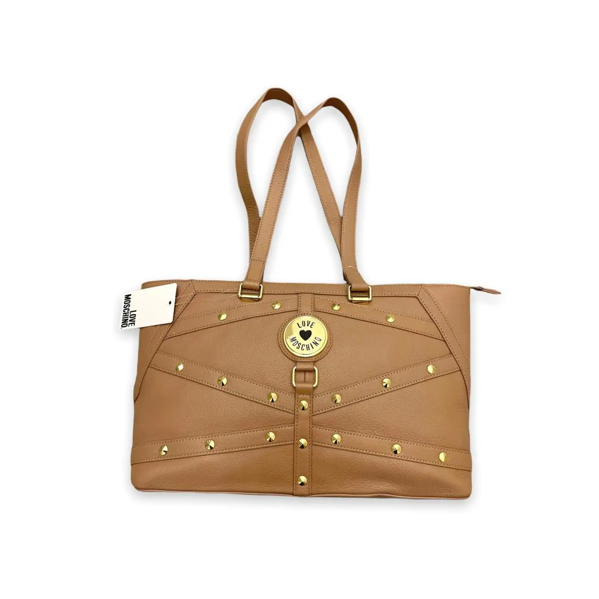 Love Moschino Natural Grain Pebble Taupe Tan Leather Tote Handbag
