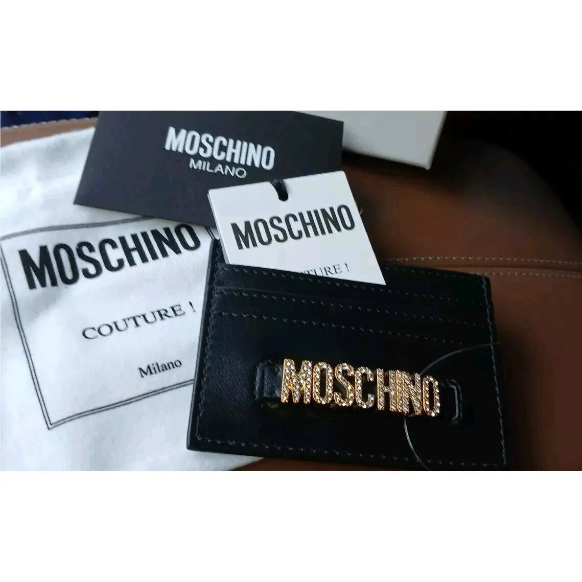 Moschino Card Case 3 x 4 Black Gold Leather Logo Wallet Card Holder Gift