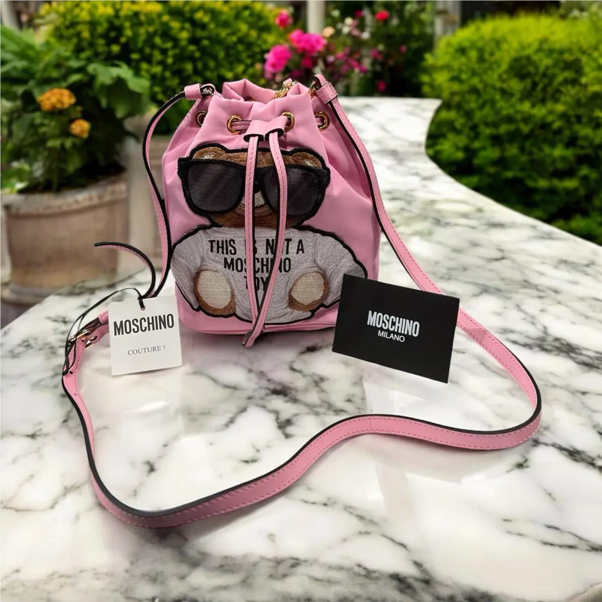 Moschino Couture Pink Nylon Bucket Crossbody/wrist Bag Duster