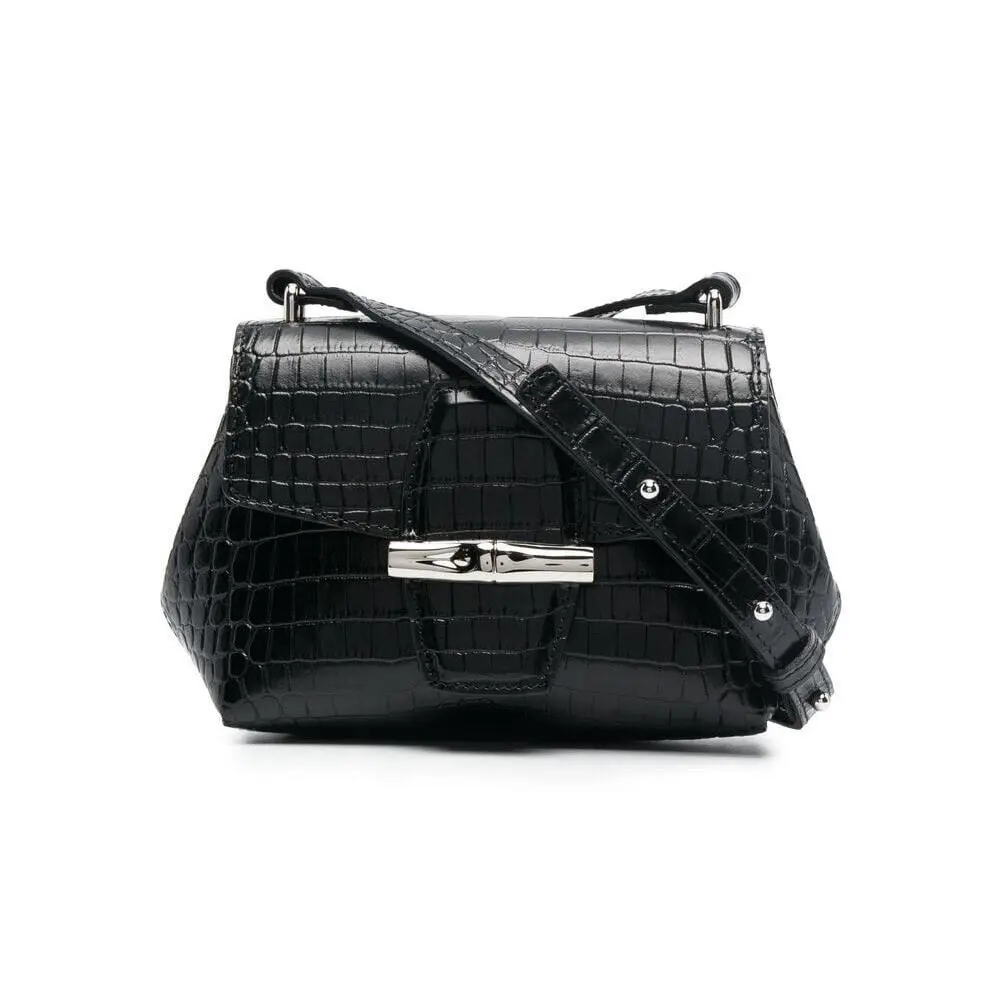 Longchamp Roseau Black Croc Leather Crossbody Crocodile Bag