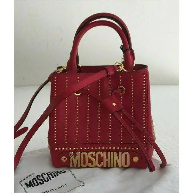 SS17 Moschino Couture Jeremy Scott Gold Studded Red Leather Bucket Bag