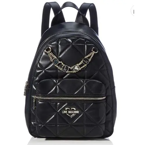 Love Moschino Borsa PU Nero Zip Backpack Bag Black Leather Gold Logo Chain Italy