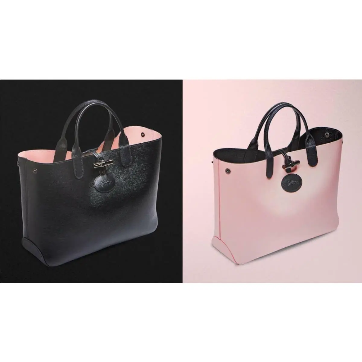 Longchamp Roseau Reversible Black Pink Calf Leather Tote Bag Handheld