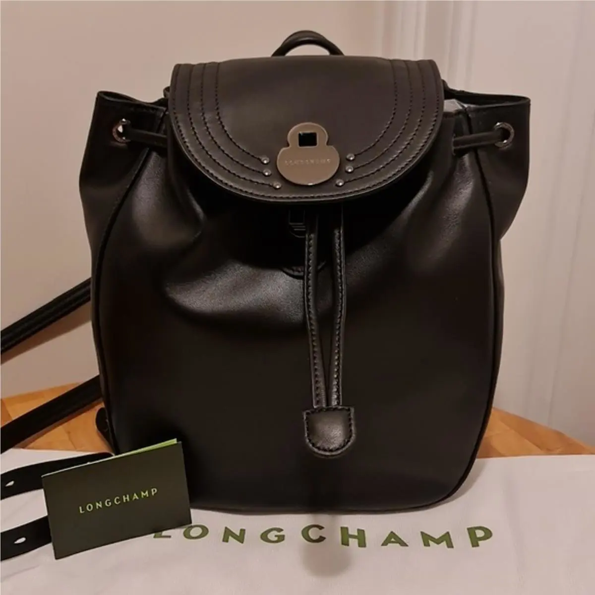 Longchamp Black Leather Adjustable Back Pack