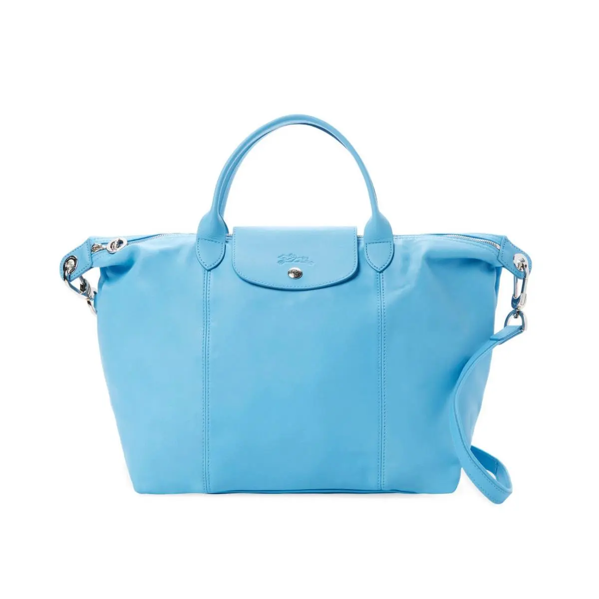 Longchamp Le Pliage Cuir Medium Leather Satchel Bag Cornflower Blue Authentc