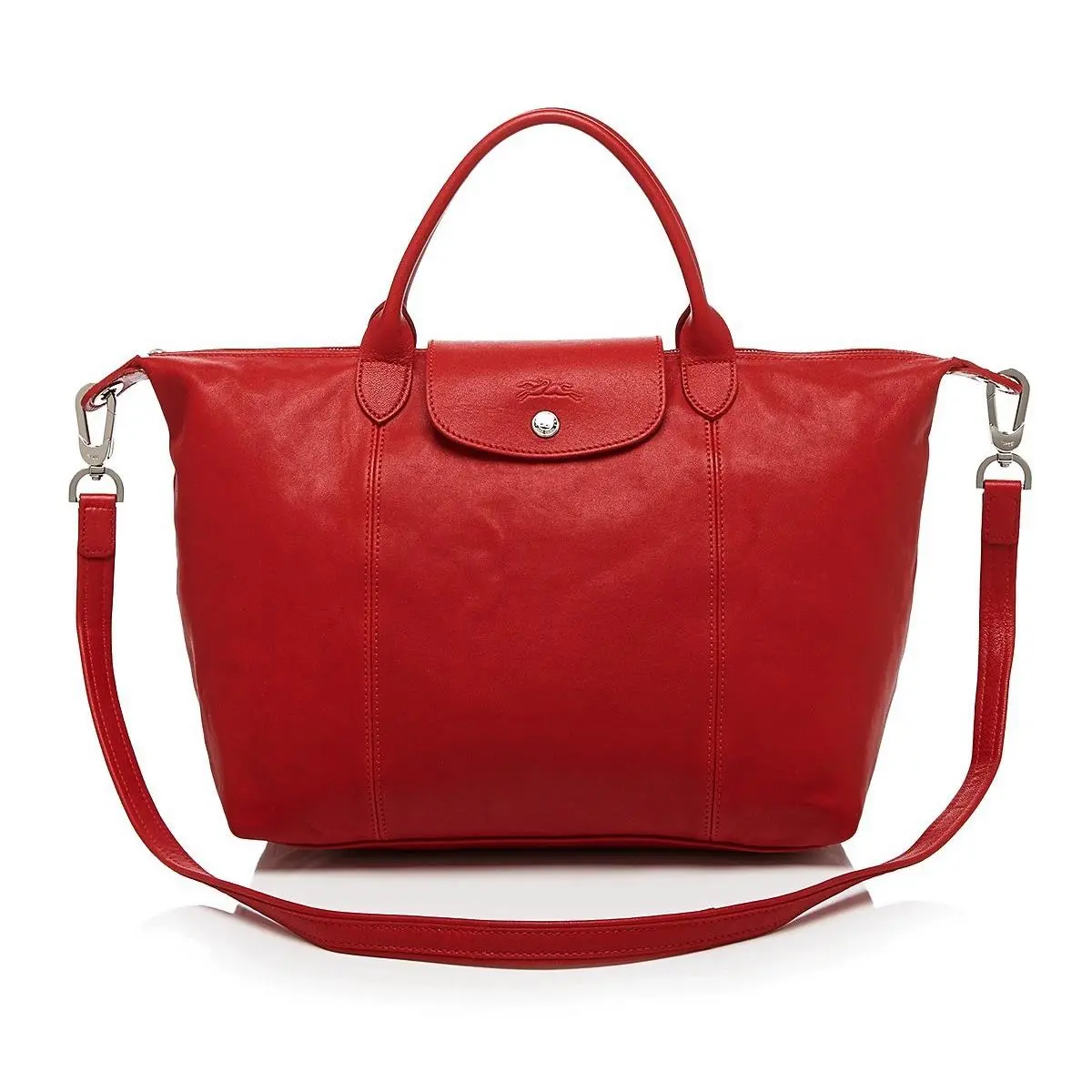 Longchamp Le Pliage Cuir Medium Leather Crossbody Satchel Bag Red