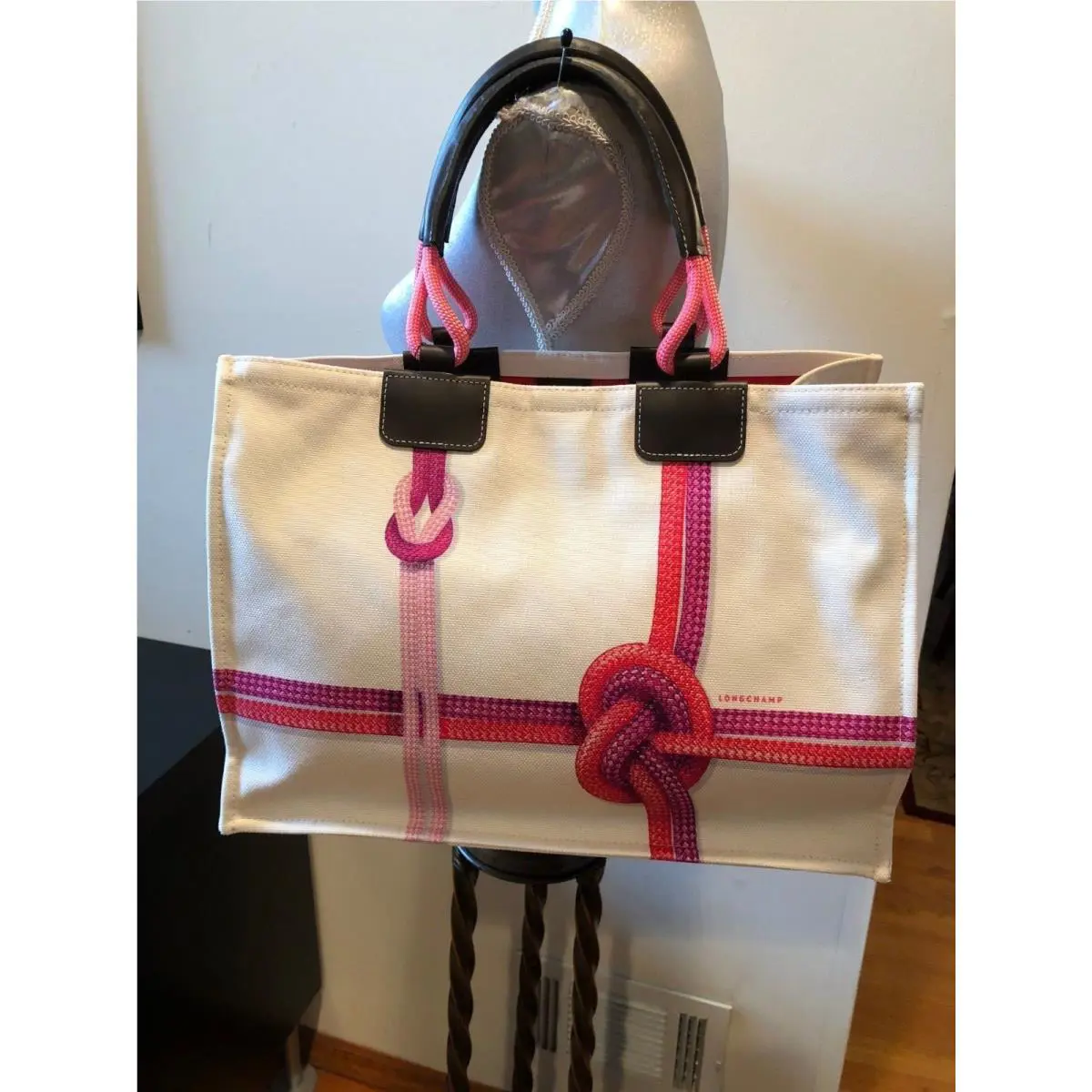 Longchamp Large Tote Shoppers Bag Canvas Leather Handbag Purse