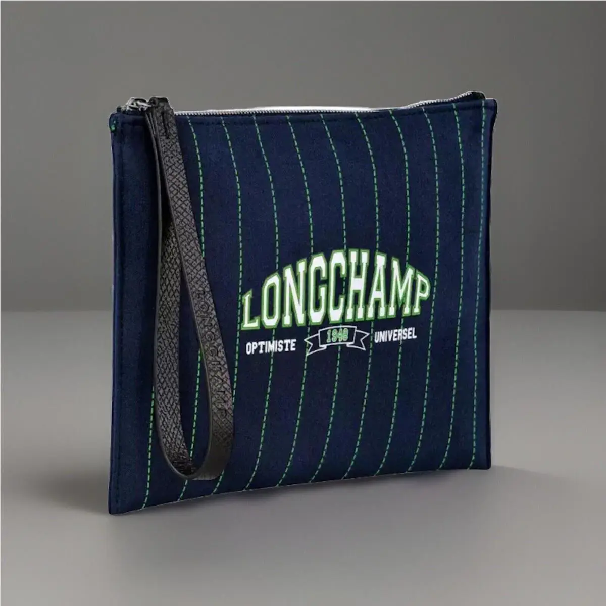 Nwot Longchamp Essential University Stripe Flat Wristlet Pouch Clutch-navy