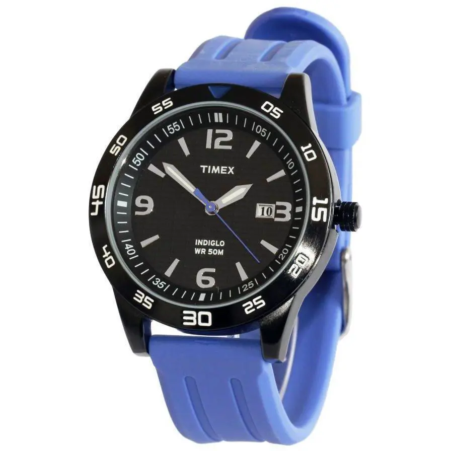 New-timex Classic Rubber Band+black Stainless Steel Dial+date+indiglo Watch+box BLUE BAND T2P137