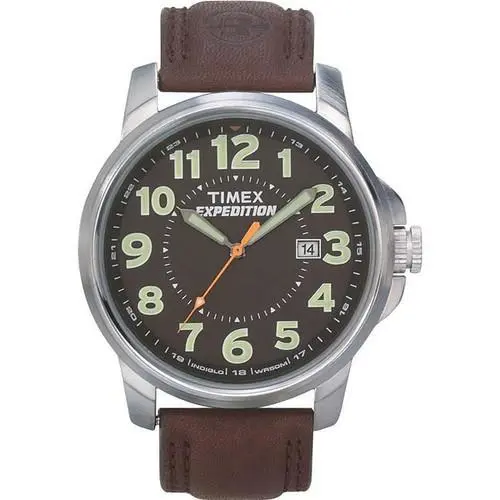 Timex T44921 Mens Expedition Indiglo Black Dial Date Brown Leather Band Watch - Dial: Black, Band: Brown