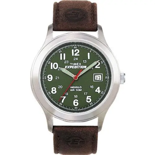 T40051 Men`s Expedition Brown Leather Watch Indiglo Date by Timex