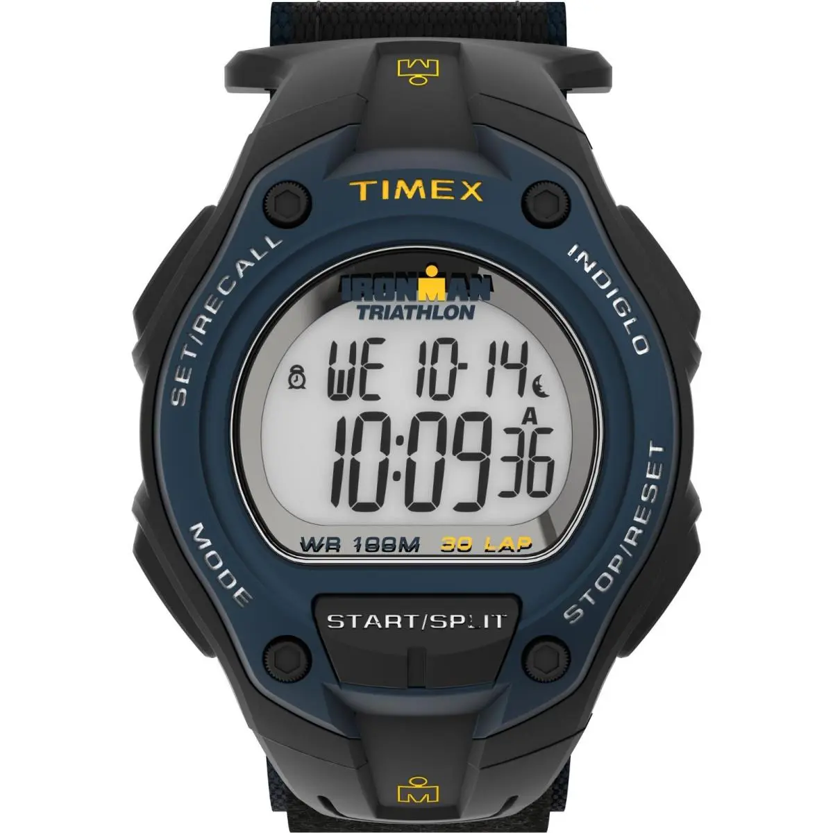 Timex Mens Ironman Indiglo Quartz Calendar Alarm Black Fabric Watch 43 MM T5K413 - Dial: Grey, Band: Blue, Black, Bezel: Blue