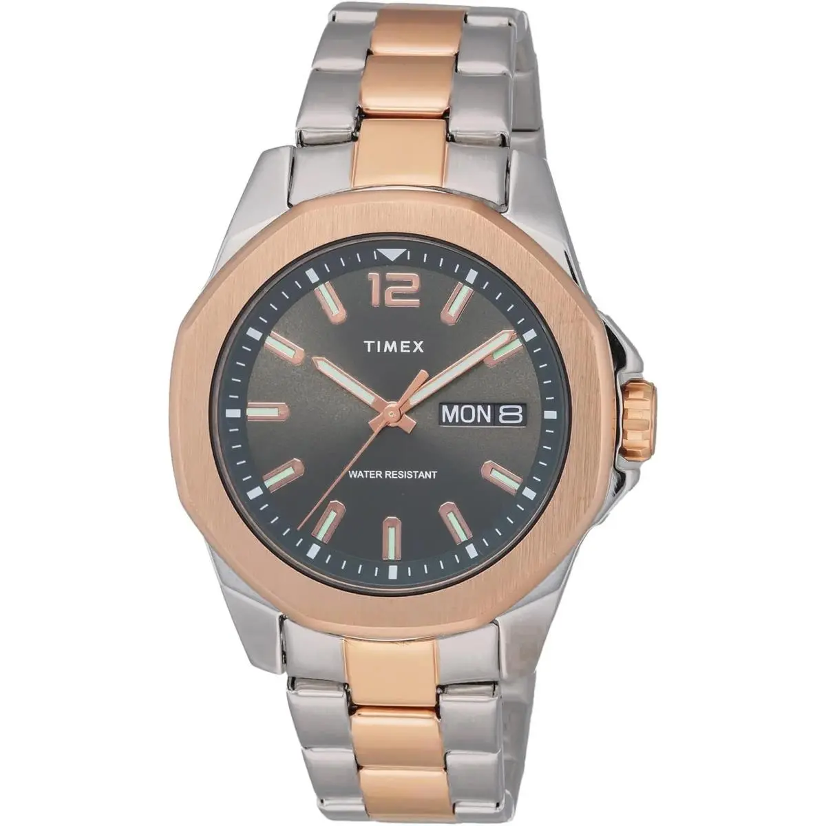 Timex TW2V43100 Essex Avenue Men`s Grey Analog Watch Two-tone Steel Bracelet - Dial: Gray, Band: Silver, Bezel: Rose Gold
