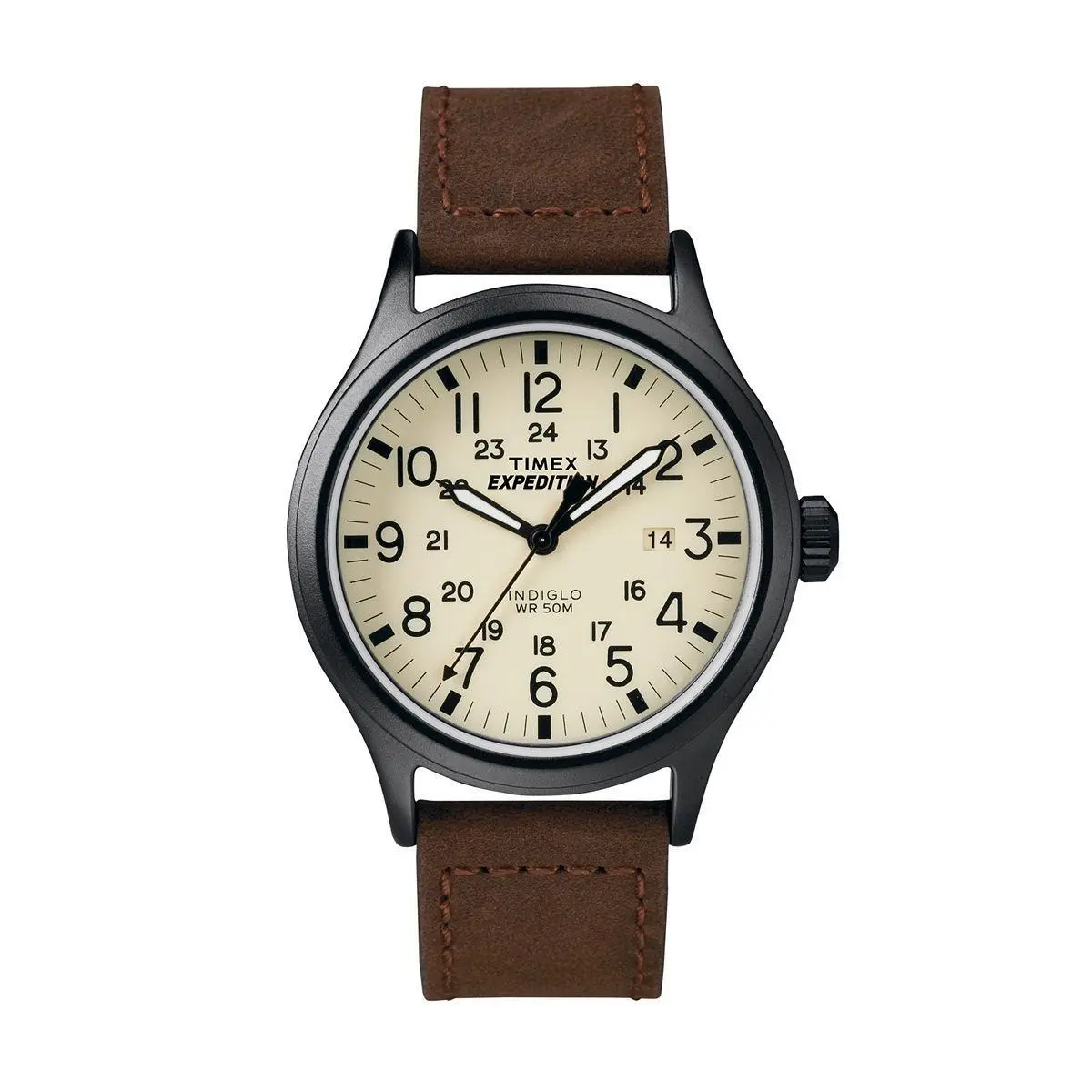 T49963 Indiglo Scout Expedition Beige Dial Quartz Leather Strap Watch -new by Timex
