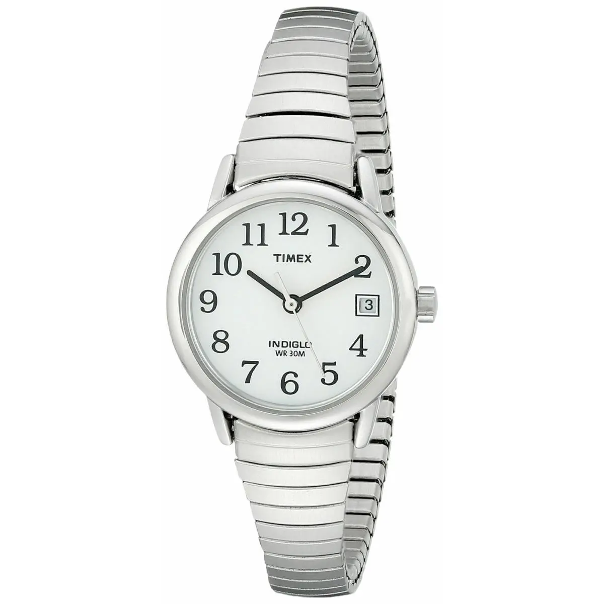 Timex T2H371 Easy Reader Women`s Silvertone Expansion Indiglo Date - Dial: White, Band: Silver, Bezel: Silver