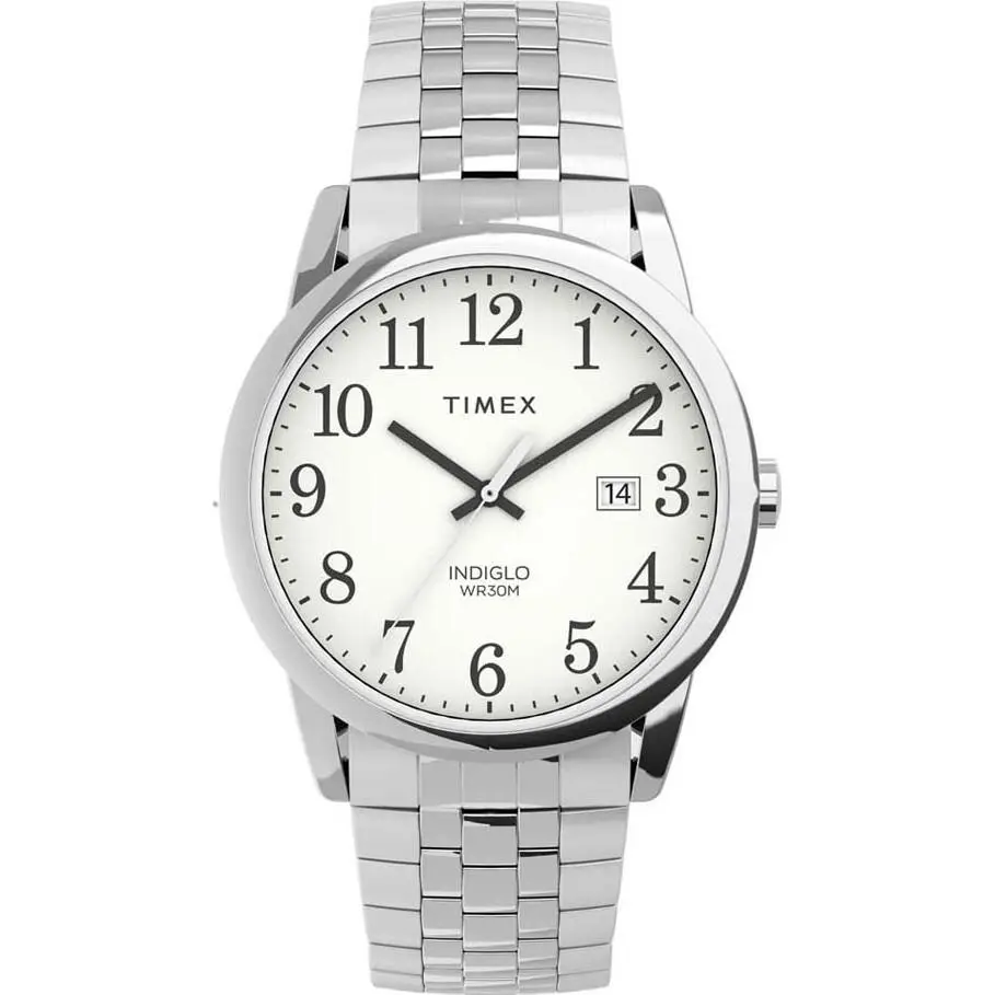 Timex TW2V40000 Easy Reader Men`s Silvertone Expansion Indiglo Date - Dial: White, Band: Silver