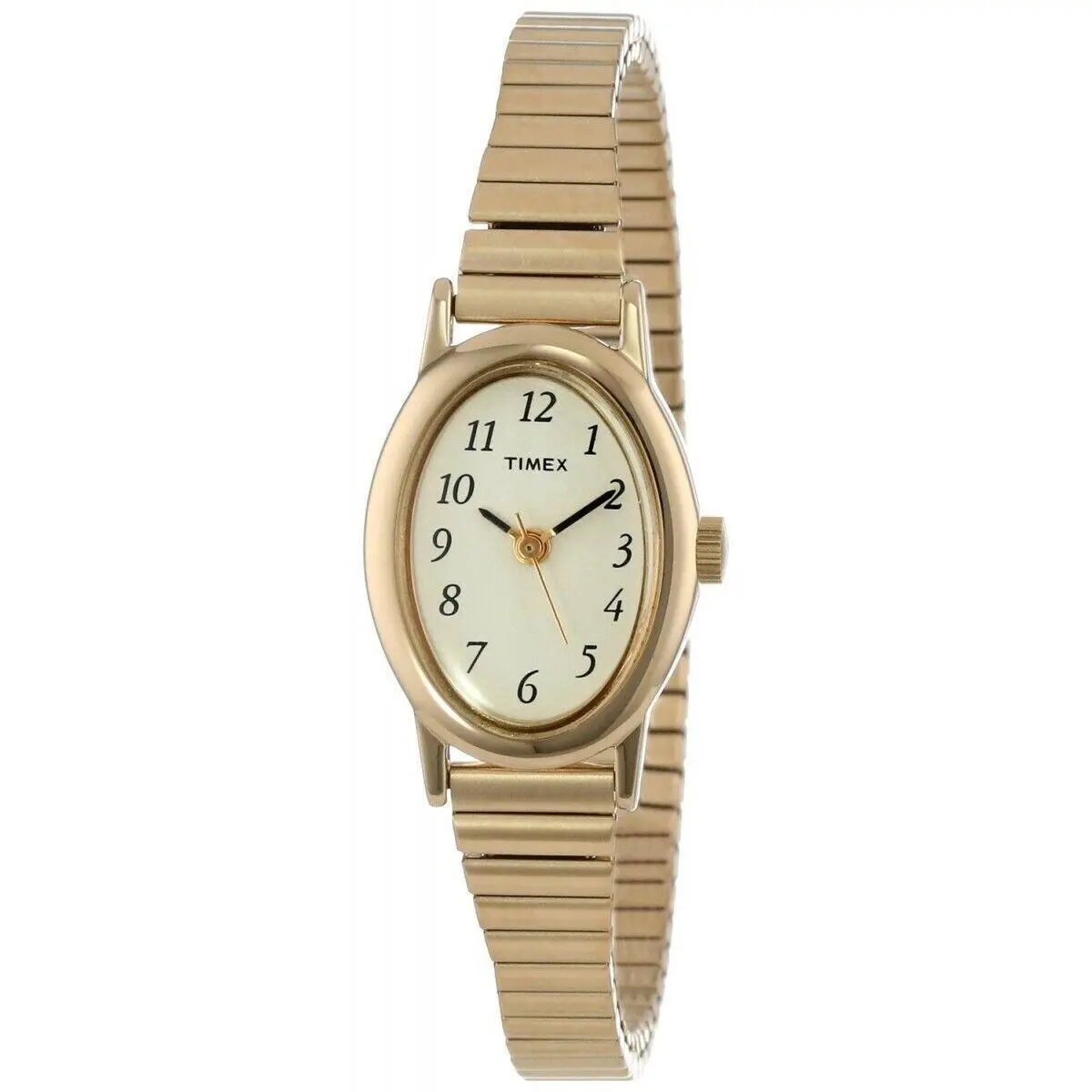 Timex T21872 Women`s Cavatina Gold Tone Stainless Stretch Band Oval Case Watch - Dial: White, Band: Gold