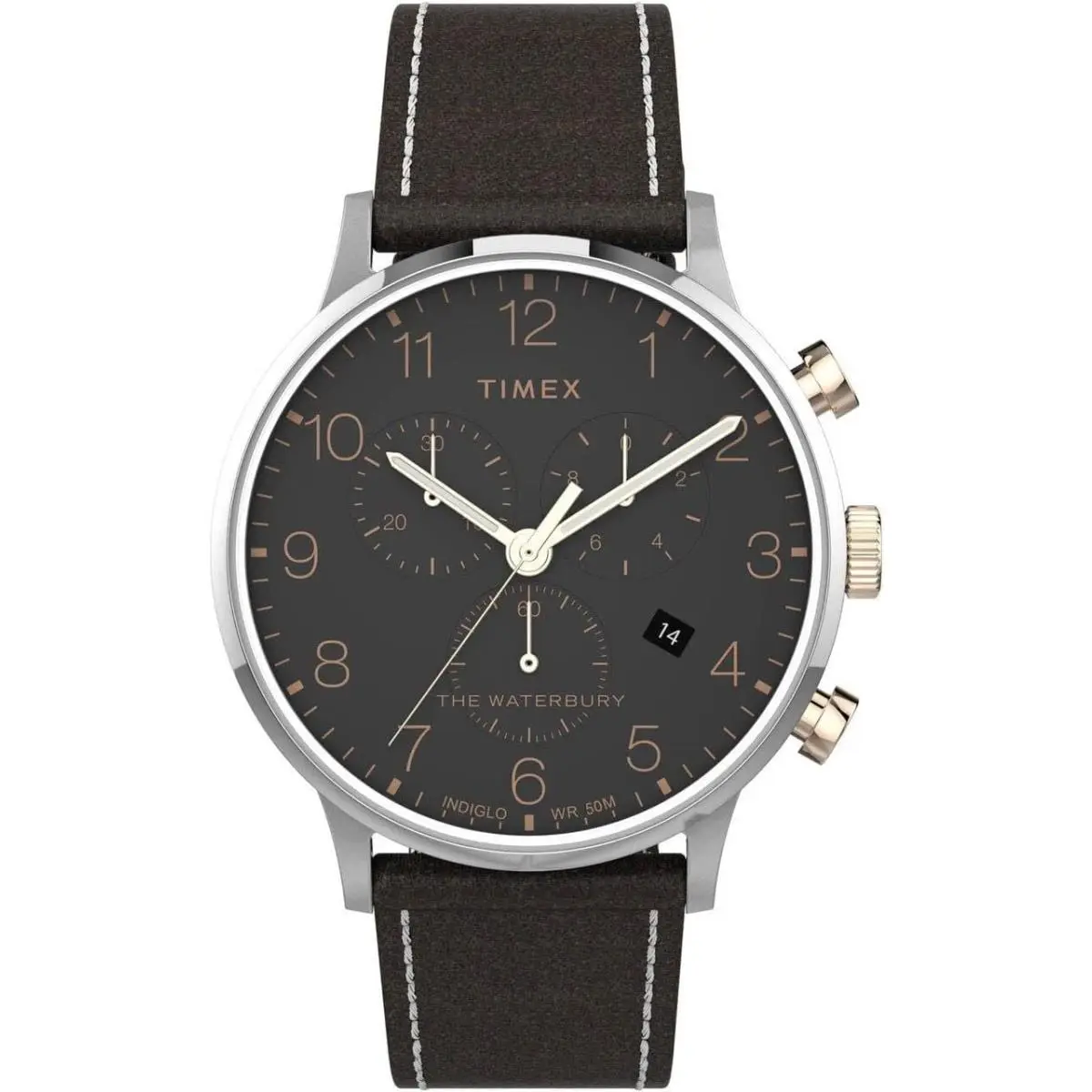Timex TW2T71500 Waterbury Men`s Analog Chronograph Watch Brown Leather Strap