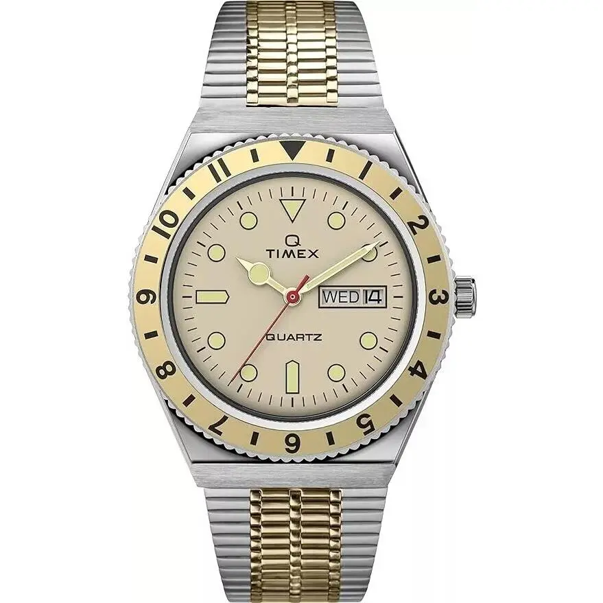 Timex Two Tone Men`s Analog Q Reissue Champagne Dial Wrist TW2V18600 Watch - 