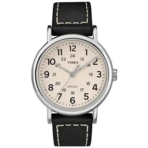 40mm  Weekender Men`s Watch Black Leather Strap White/cream Dial TW2T21600 by Timex