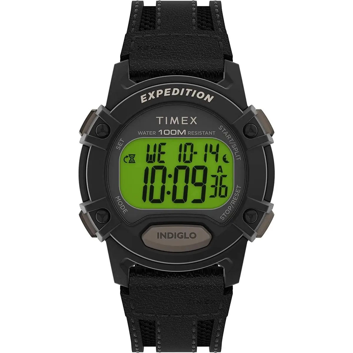 Timex Expedition Men`s 41mm Black Leather Fabric Strap Sport Watch TW4B25200 - Black, Dial: Green, Band: Black