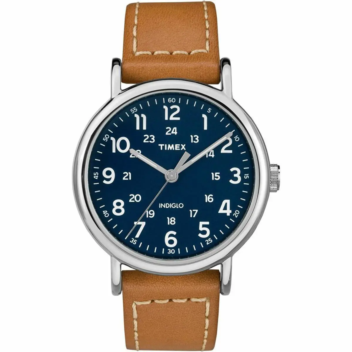 Timex TW2R42500 Weekender Brown Leather Strap Watch Indiglo 40MM Case - Dial: Blue, Band: Brown
