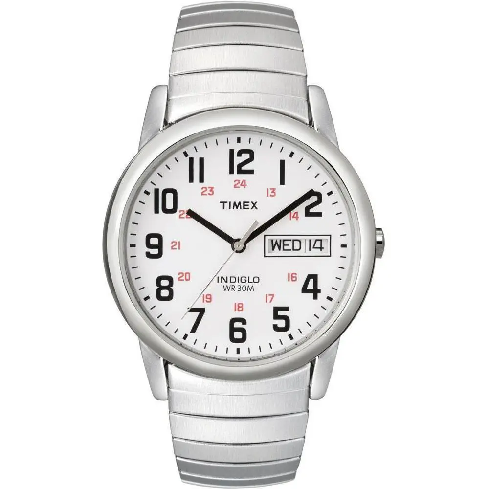 Timex T20461 Easy Reader Men`s Silvertone Expansion Watch Indiglo Day/date - Dial: White, Band: Silver, Bezel: Silver