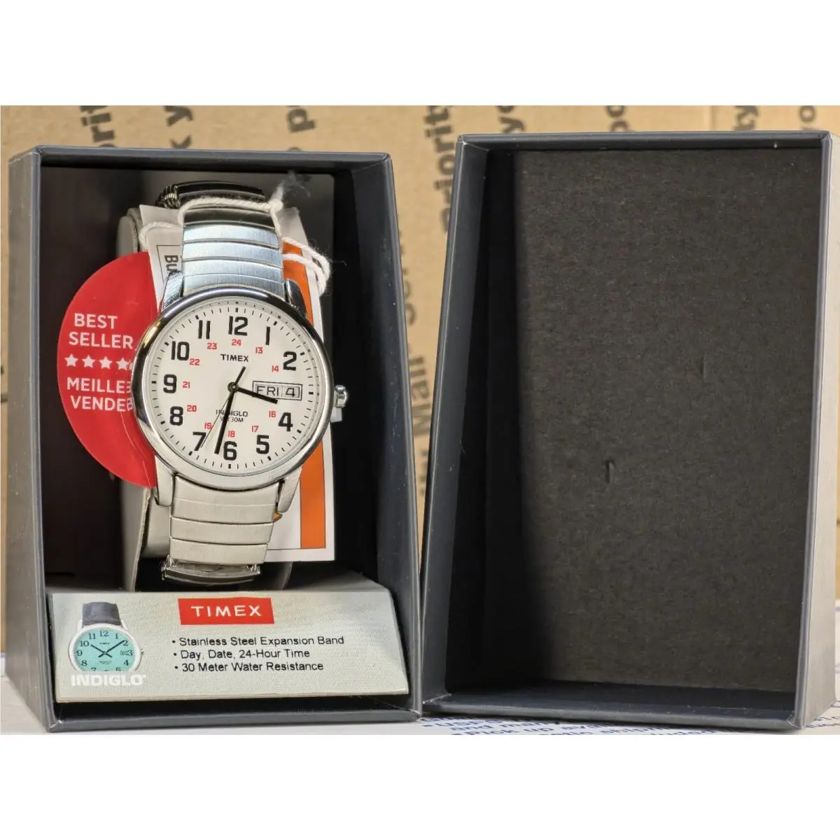 Timex T20461 Easy Reader Men`s Silvertone Expansion Watch Indiglo Day/date - Dial: White, Band: Silver, Bezel: Silver