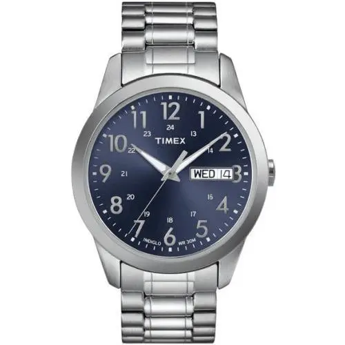 Timex T2M933 Men`s Silver-tone Stainless Steel Expansion Watch - Dial: Blue, Band: Silver, Bezel: Brass