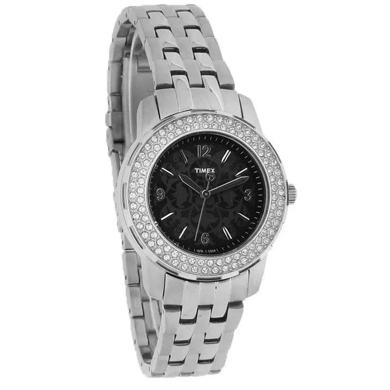 Timex Starlight Collection T2P397 Ladies Crystal Black Floral Dial Quartz Watch - Dial: Black, Band: Silver