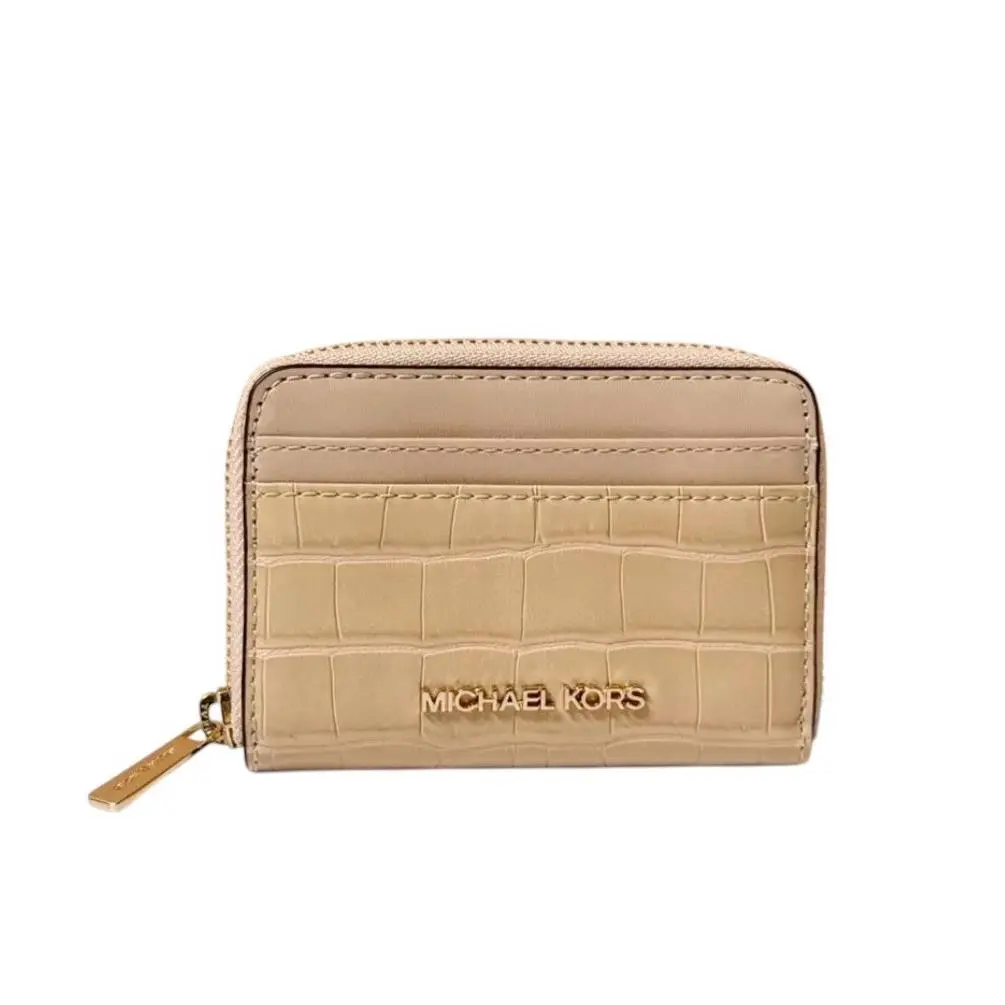 Michael Kors Jet Set Travel MD Zip Around Card Case Wallet Exotic Embossed Buff