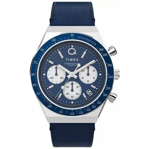 Men`s Timex Q Blue Dial Chronograph Blue Leather Watch TW2W51700