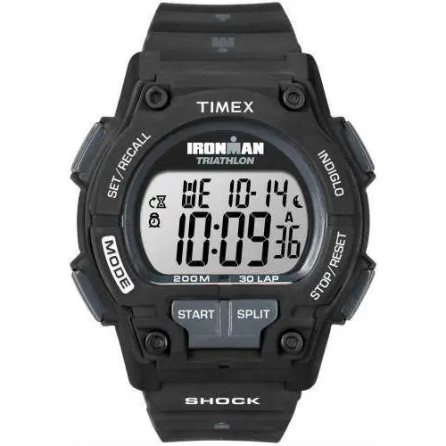 Timex T5K196 Men`s Ironman Triathlon 30-Lap Resin Watch Shock Indiglo Alarm - Band: Black, Bezel: Black