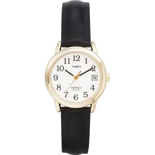 Timex T2H341 Easy Reader Women`s Black Leather Strap Watch Indiglo Date - Dial: White, Band: Black