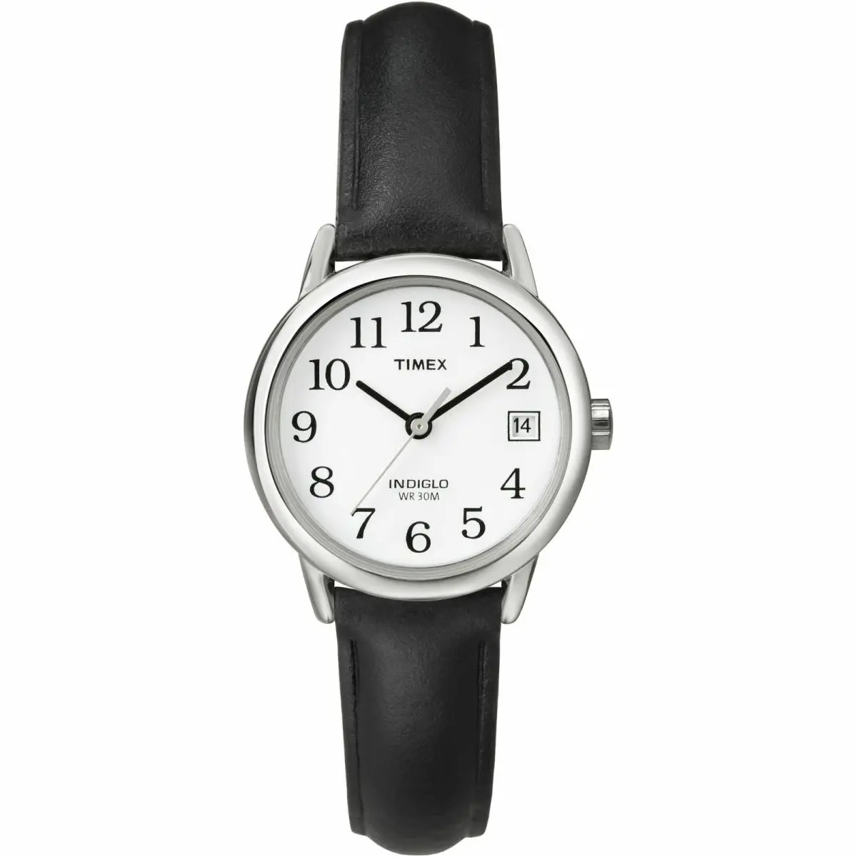 Timex T2H331 Women`s Easy Reader Black Leather Watch Indiglo Date - Dial: White, Band: Black