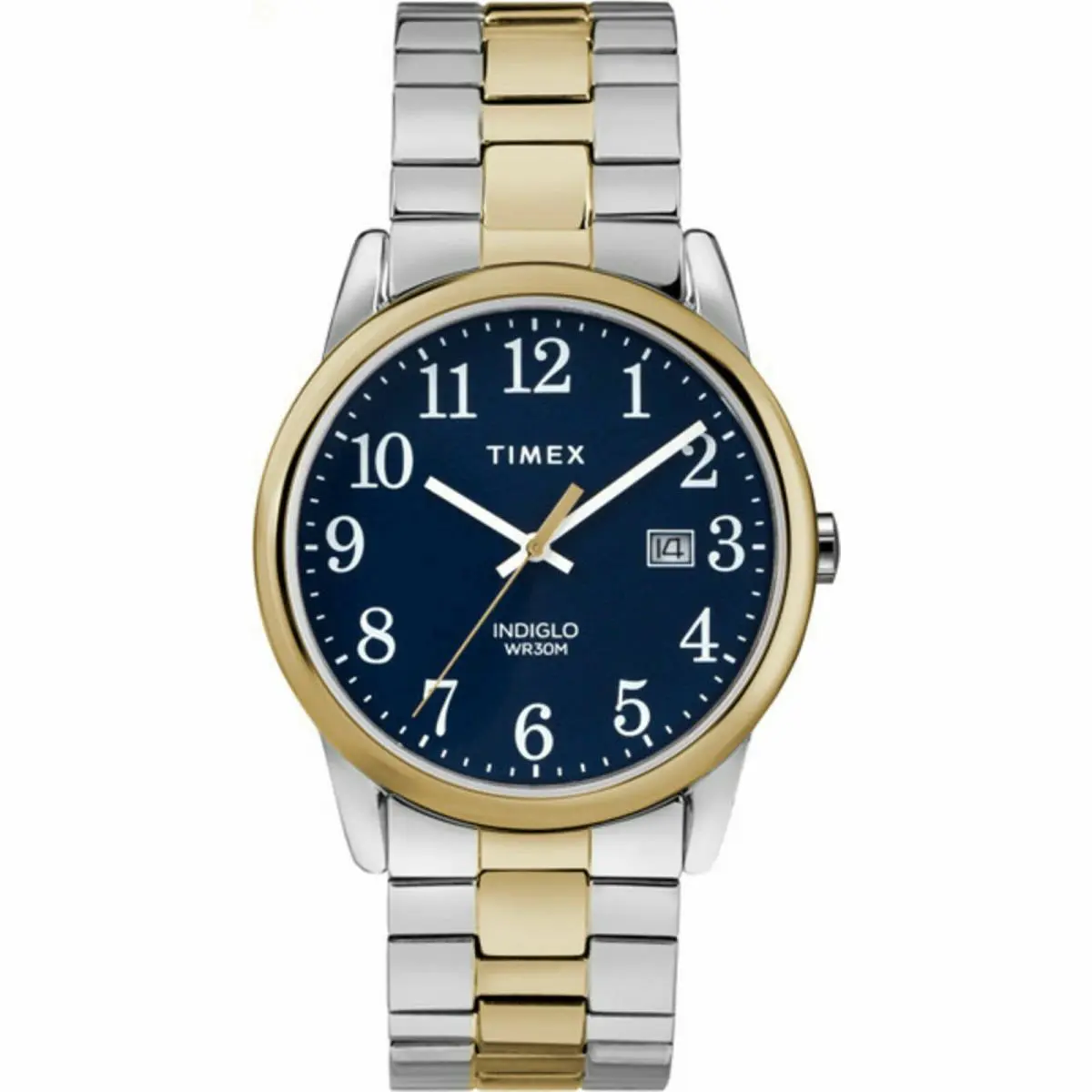 Timex TW2R58500 Easy Reader Men`s 2-Tone Expansion Watch Indiglo Date - Dial: Blue, Band: 2-tone
