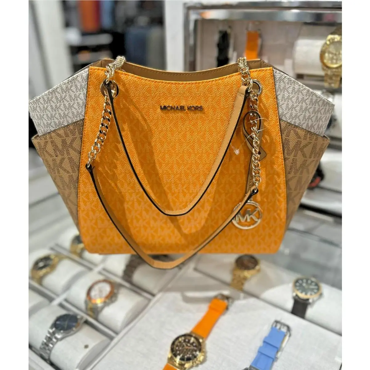 Jet Set Large Color-block Logo Zip Chain Tote Bag Pop Orange Multi by Michael Kors