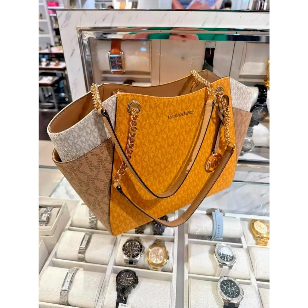 Michael Kors Large Color Block Logo Chain Tote Bag Honeywheat Women MK Handbag