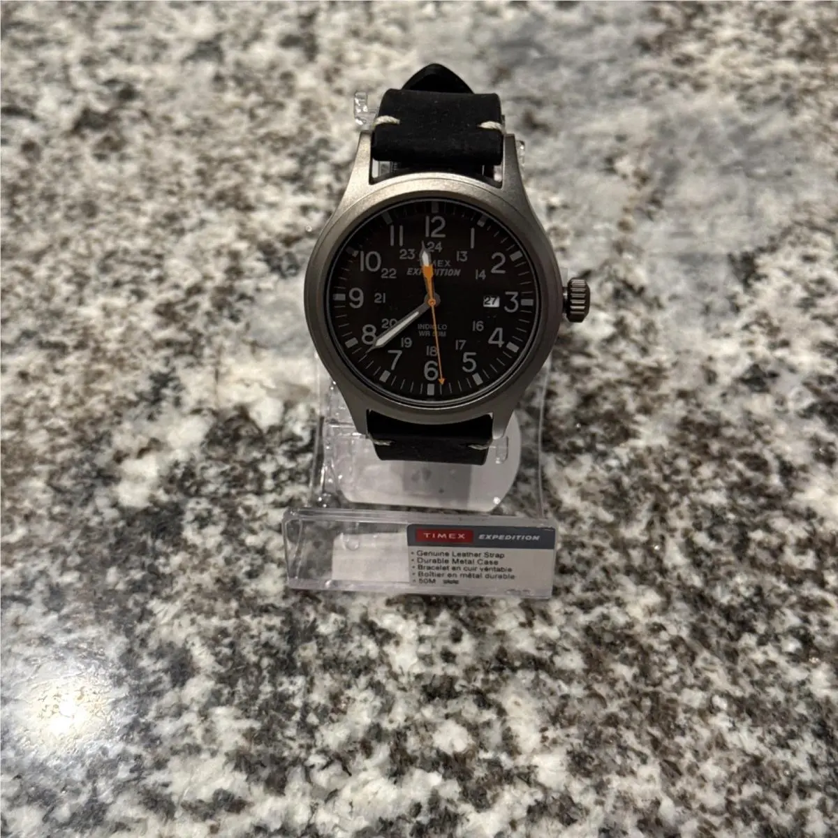 Timex TW4B01900 Men`s Indiglo Expedtion Scout Black Dial Leather Band Watch - Dial: Black, Band: Black, Bezel: Silver