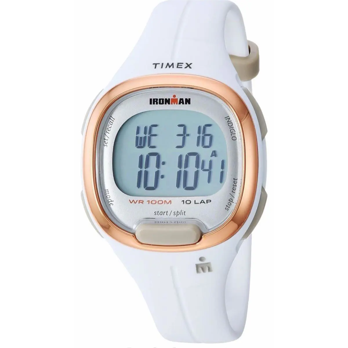 Timex TW5M19900 Ladies 10-Lap Ironman Watch Alarm Indiglo Chronograph White - Dial: White, Band: White