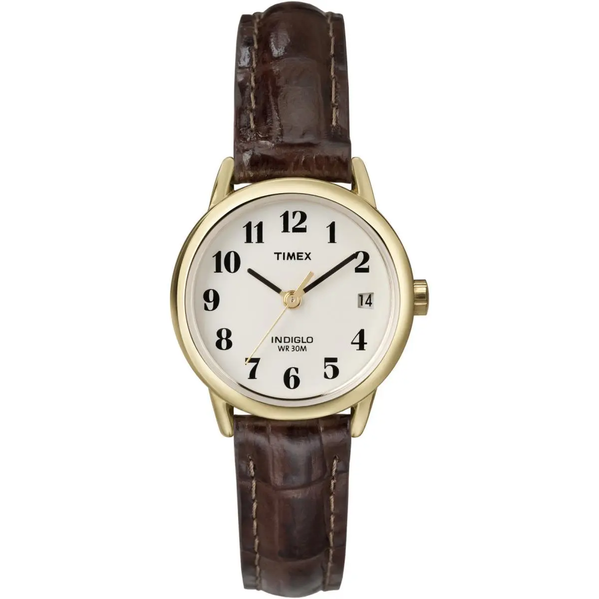 Timex T20071 Easy Reader Women`s Date Brown Leather Watch Indiglo - Dial: White, Band: Brown