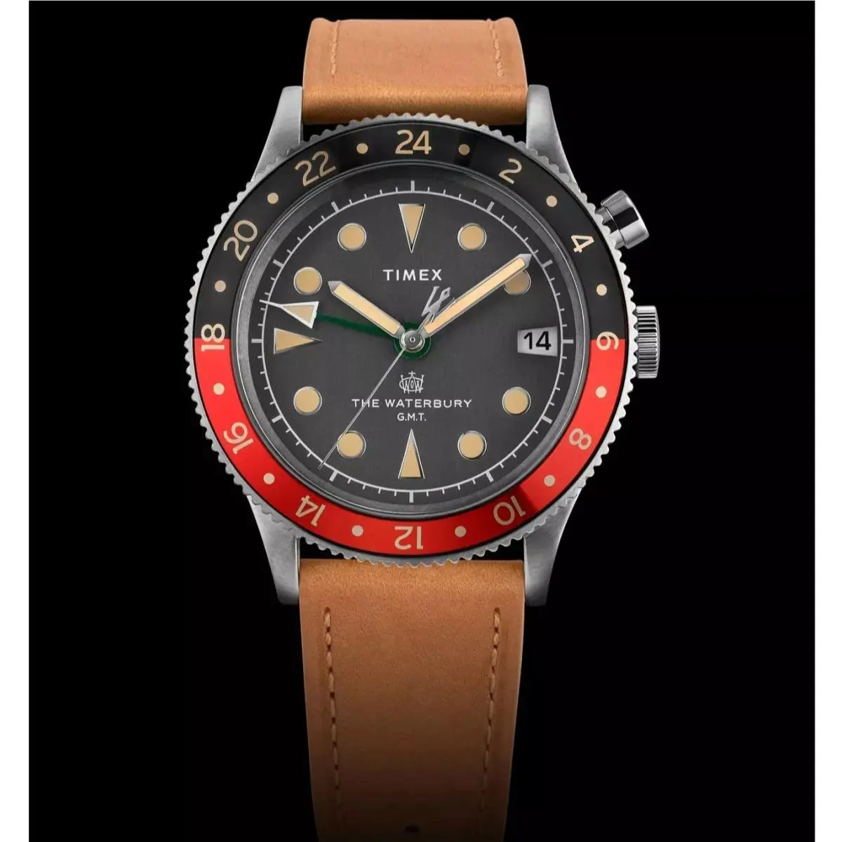 Timex Waterbury Traditional Gmt Quartz Coke Bezel Men`s Watch TW2V74000VQ - Dial: Black, Band: Beige, Bezel: Silver-tone