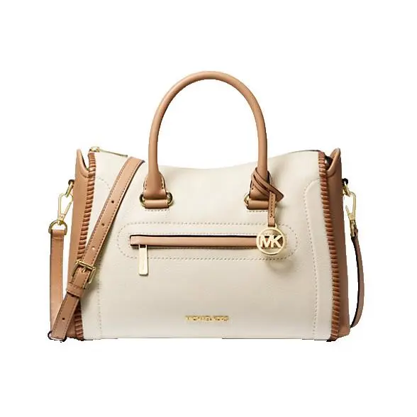 Michael Kors Carine Large Two-tone Leather Satchel Light Cream - Handle/Strap: Brown, Hardware: Gold, Exterior: Cream