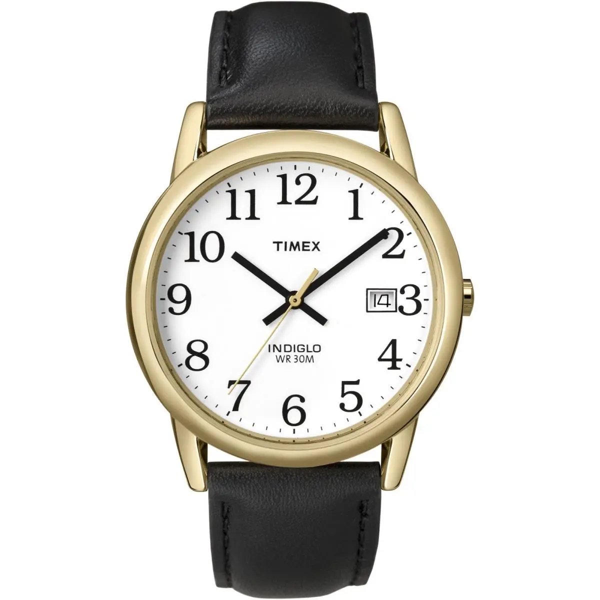 Timex T2H291 Mens Indiglo 35mm Easy Reader White Dial Date Black Leather Watch - Dial: White, Band: Black