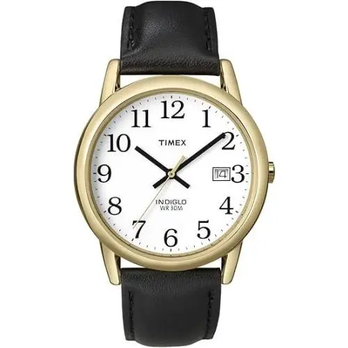Timex T2H291 Unisex Watch Black Leather Band Quartz Indiglo - Dial: White, Band: Black, Bezel: Gold