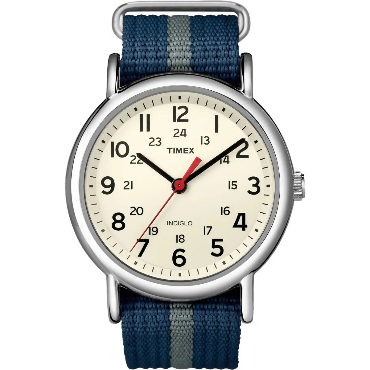 Timex T2N654 Men`s Weekender Navy/gray Nylon Strap Watch - Dial: White, Band: Blue, Gray, Bezel: Silver