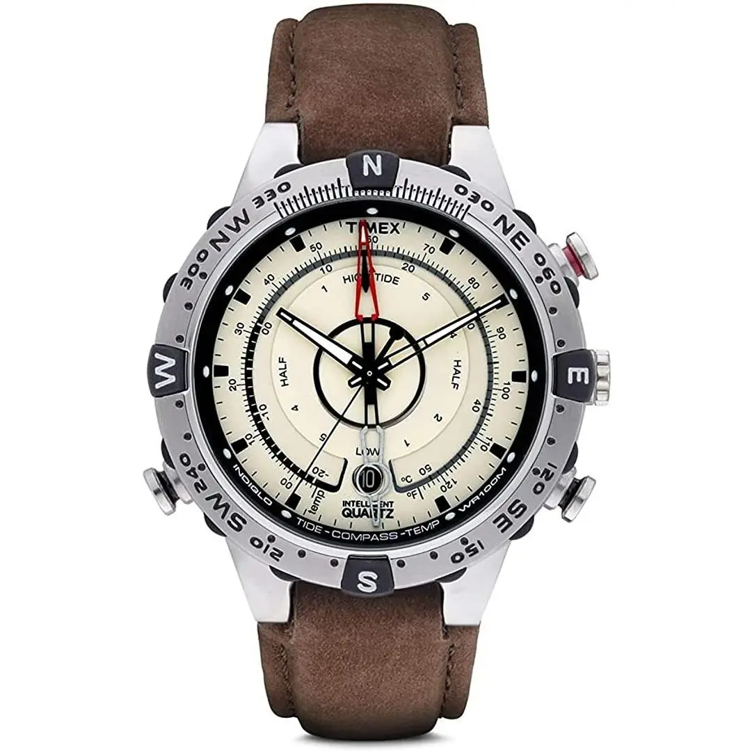- T2N721 - Quartz Compass Tide Temperature Silver Case Brown Strap - Watch by Timex