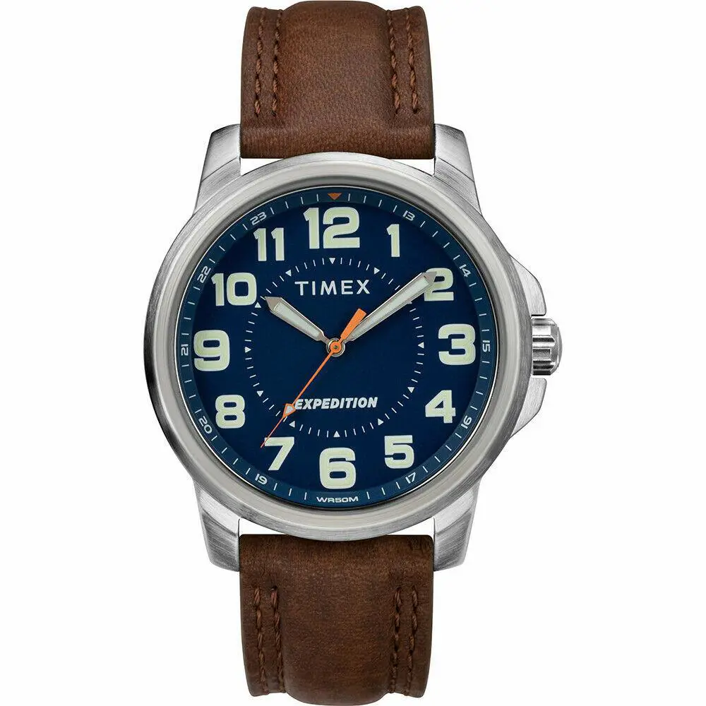 Timex TW4B16000 Men`s Expedition Field Brown Leather Watch Blue Dial - Dial: Blue, Band: Brown